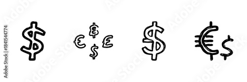 Currency Symbols Line Icon Set In Doodle Style. Global Financial Exchange And Money Representation Outline Sketch Collection. Dollar, Euro, Pound, Yen Symbol. Hand Drawn Isolated Vector Illustration