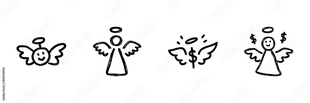 Naklejka premium Angel And Financial Symbols Line Icon Set In Doodle Style. Spirituality, Wealth, And Prosperity Outline Sketch Collection. Hand Drawn Isolated Vector Illustration