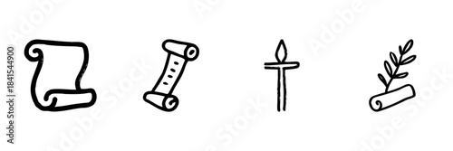 Scroll, Candle, And Olive Branch Line Icon Set In Doodle Style. Historical Documents, Illumination, And Peace Symbolism Outline Sketch Collection. Hand Drawn Isolated Vector Illustration