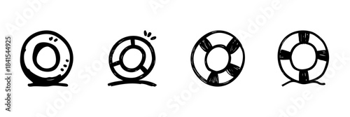 Lifesaver Ring Line Icon Set In Doodle Style. Safety And Rescue Equipment Outline Sketch Collection. Maritime And Water Safety Symbols. Hand Drawn Isolated Vector Illustration
