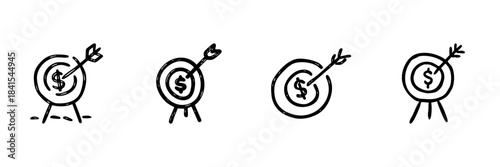 Target With Dollar Sign And Arrow Line Icon Set In Doodle Style. Financial Goals, Investment Success, And Profit Achievement Outline Sketch Collection. Hand Drawn Isolated Vector Illustration