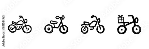 Motorcycle And Bicycle Line Icon Set In Doodle Style. Transportation, Delivery, And Mobility Outline Sketch Collection. Hand Drawn Isolated Vector Illustration