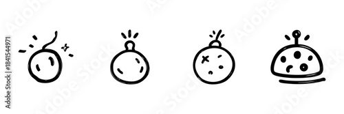 Bomb And Explosive Devices Line Icon Set In Doodle Style. Detonation, Danger, And Hazard Symbols Outline Sketch Collection. Hand Drawn Isolated Vector Illustration