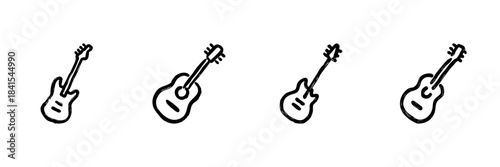 Electric And Acoustic Guitars Line Icon Set In Doodle Style. Musical Instrument Collection For Rock, Jazz, And Folk Music Outline Sketch. Hand Drawn Isolated Vector Illustration
