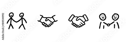 Stick Figure And Handshake Line Icon Set In Doodle Style. Collaboration, Partnership, And Agreement Symbols Outline Sketch Collection. Business And Teamwork. Hand Drawn Isolated Vector Illustration