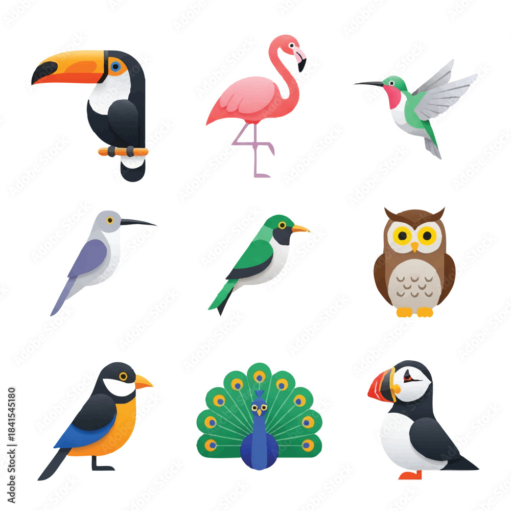 Fototapeta premium A collection of vibrant bird species, rendered as clean and minimal modern 2D flat vector illustrations, displayed individually on a crisp white background.