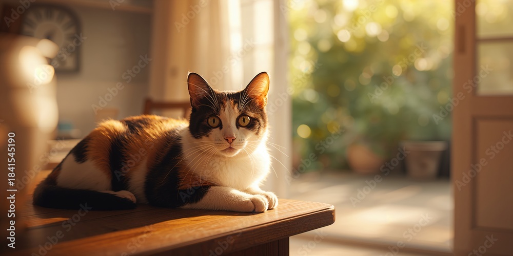 Fototapeta premium Feline lying on rustic wood surface gazing at camera, highlighting calmness and cozy environment