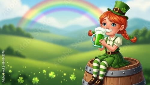 St. patrick's day celebration with girl drinking green beverage in irish countryside