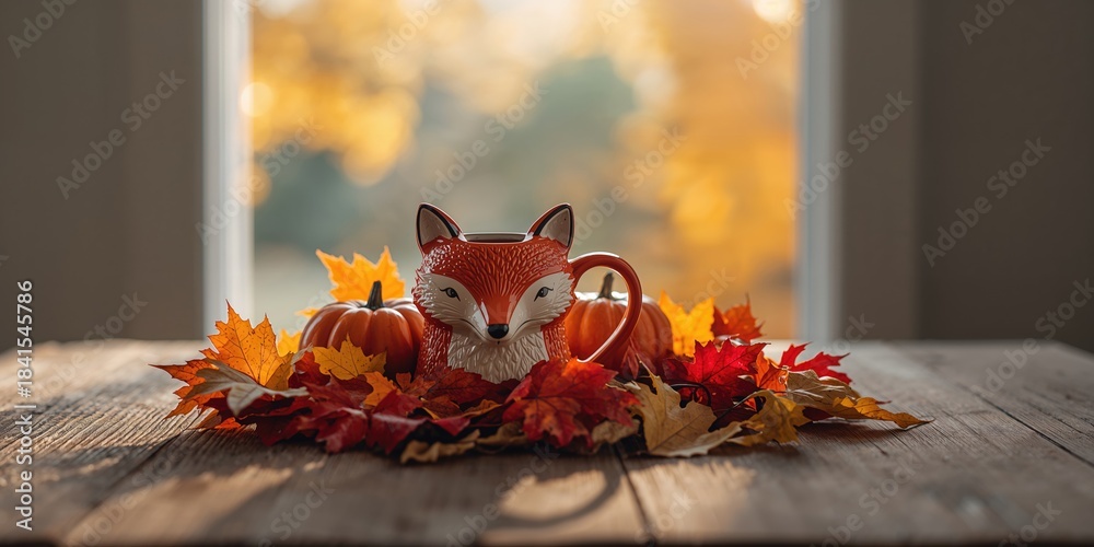 Naklejka premium Fox-shaped mug surrounded by autumn leaves and pumpkins on a wooden table creating a cozy fall scene, seasonal decor