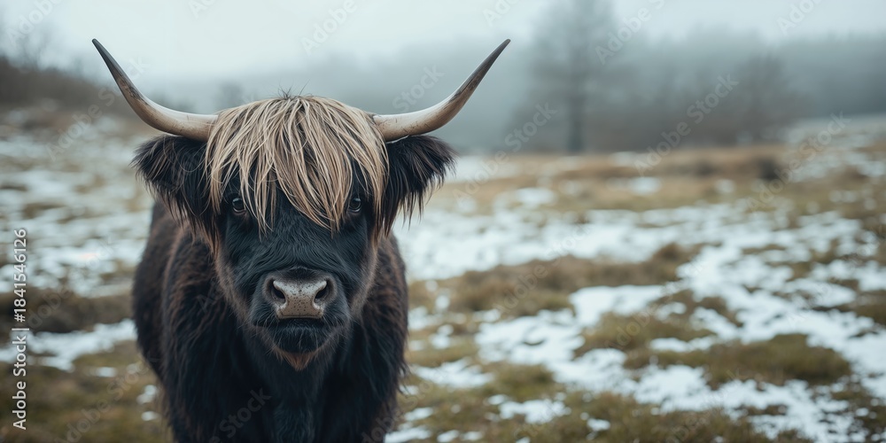 Obraz premium Highland cattle in monochrome highlighting coarse fur and strong features, ideal for layout backgrounds
