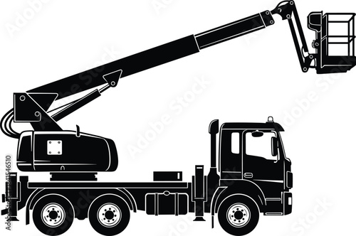 Flat vector illustration of truck-mounted aerial work platform silhouette, boom lift, utility bucket, construction equipment, black graphic, industrial machinery