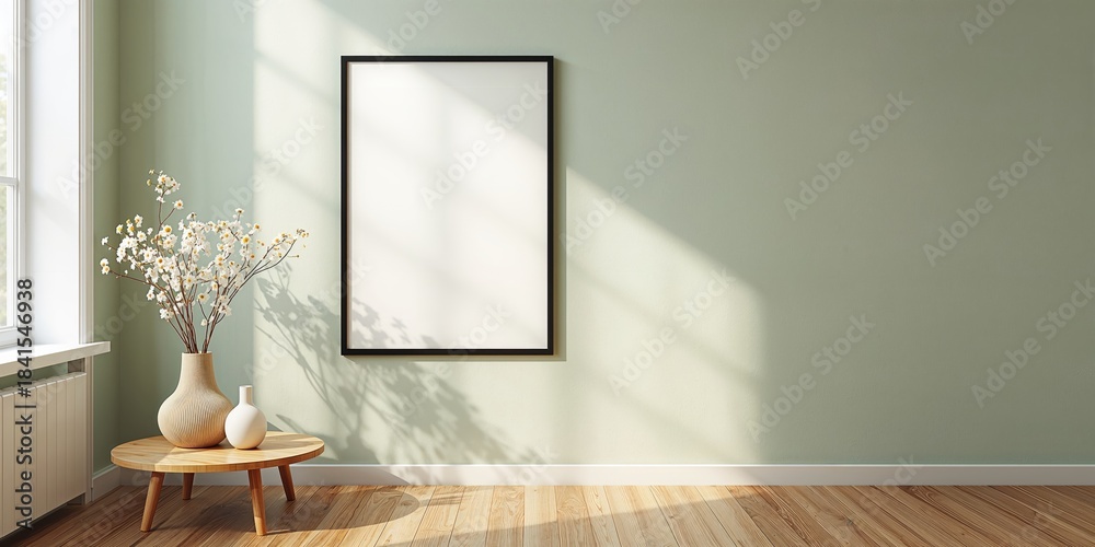 Fototapeta premium Interior design of living room with black photo frame for artwork display, minimalistic Scandinavian style