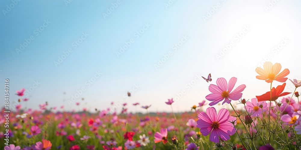 Obraz premium Nature background featuring cosmos flowers with a summer sky, floral beauty and landscape serenity