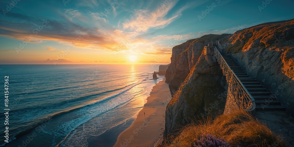 Obraz premium Cliffs with stairs in Landudno, England, UK, highlighting erosion risk and shoreline preservation
