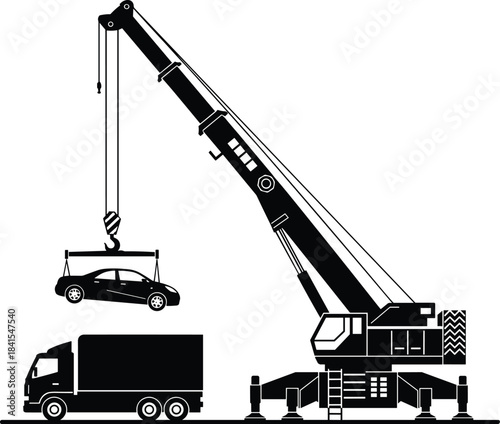Flat vector illustration of mobile crane lifting car, vehicle recovery operation, construction equipment, heavy machinery, black and white silhouette