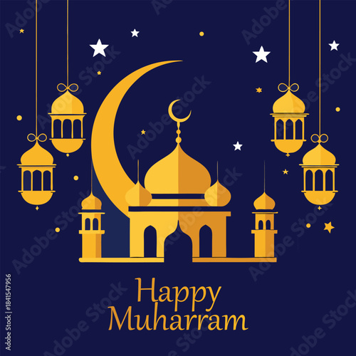 A festive and celebratory illustration of happy muharram with a golden mosque and crescent moon illuminated by hanging lanterns against a starry night sky