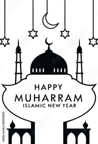 Happy muharram islamic new year celebration with a silhouette of a mosque minarets dome and crescent moon and stars hanging decorations