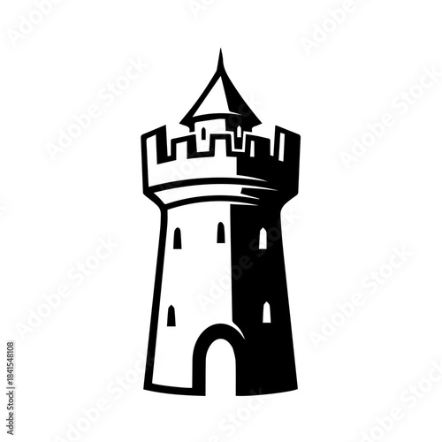 Tower Silhouette: A minimalist monochrome illustration of a tall, imposing castle tower. Capturing the essence of history, strength and architectural grandeur. 