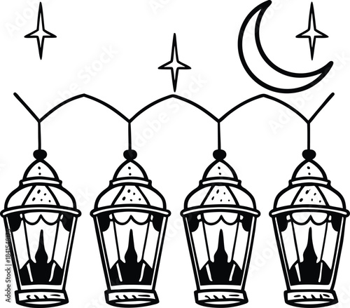 Hand drawn illustration of traditional islamic ramadan lanterns hanging in a row against a night sky with a crescent moon and stars creating a festive and celebratory atmosphere for religious holidays