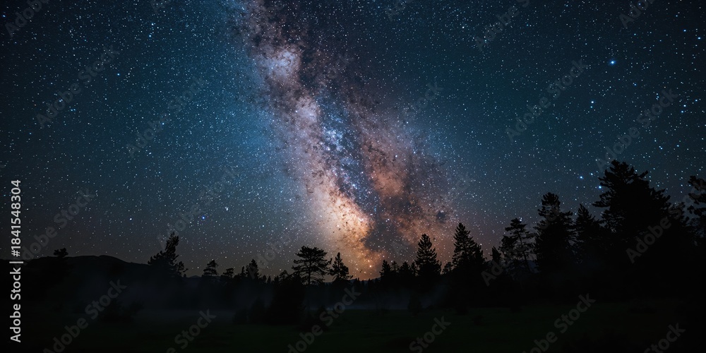 Obraz premium Nighttime woodland scene with galaxy's milky path overhead, celestial illumination during a clear night