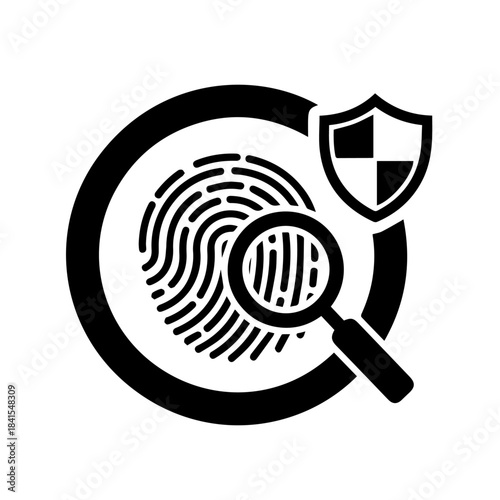 Fingerprint Security: This stark image highlights a fingerprint, magnified by a loupe within a protective circle, further shielded by a protective emblem, symbolizing security and thorough scrutiny. 
