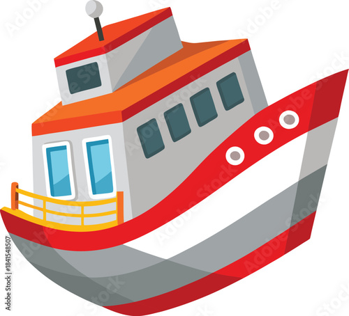 A colorful and stylized cartoon illustration of a small fishing boat with a red and white hull and orange cabin isolated on a white background perfect for nautical themes and children s designs