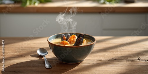 Creamy seafood soup with mussels and shrimp, highlighting rich textures for culinary presentation
