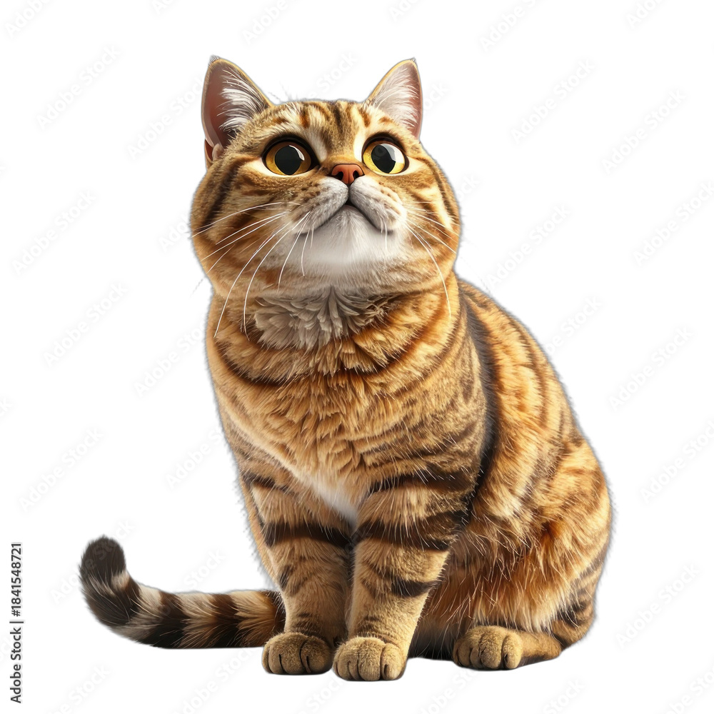 Obraz premium Adorable Domestic Cat with Striking Eyes Sitting Gracefully Against a White Background