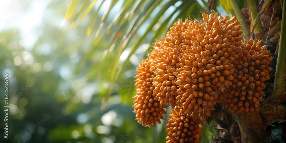 Obraz premium Bunches of palm oil on stems, highlighting harvesting techniques for sustainable production