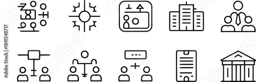Business Management Icon Set – Corporate Teamwork, Organizational Structure, Leadership, Office Communication, Company Building and Strategy Line Icons Collection