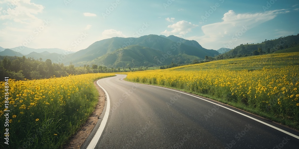 Fototapeta premium Winding asphalt road forming a sharp S-curve amid a field of wild Mexican daisies, highlighting transportation efficiency in natural settings