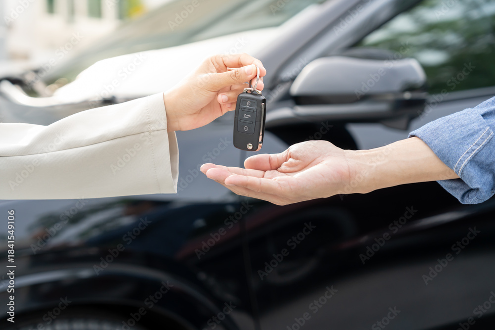 Naklejka premium lease, rental car, sell, buy. Dealership manager send car keys to the new owner. Sales, loan credit financial, rent vehicle, insurance, renting, Seller, dealer, installment, car care business