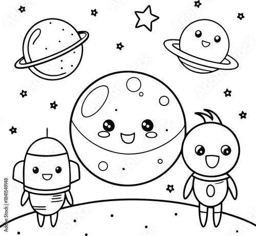 Cute cartoon outline drawing of a happy moon with a smiling face a friendly rocket ship and a cheerful alien character on a starry planet surface with saturn like planets in the background
