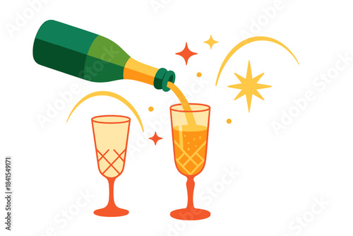 Festive Champagne Celebration. Holiday toast scene. Pouring champagne into crystal glass, floating spark