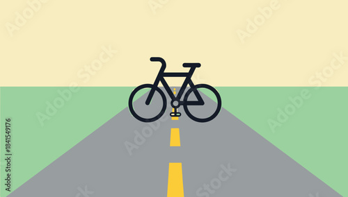 Black outline bicycle on gray road with yellow markings in flat landscape, concept of outdoor cycling