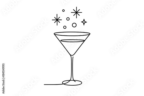 Festive Cocktail Drawing. Winter festive cocktail. Minimalistic one-line drawing martini glass with bubbles