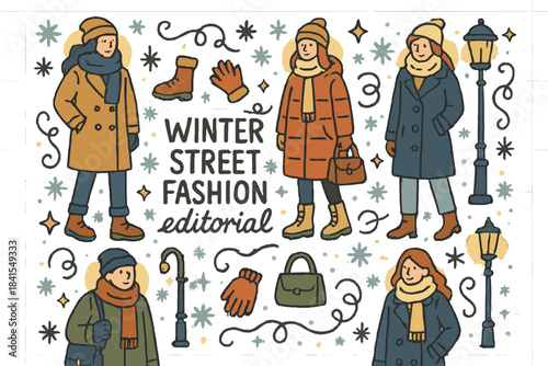 Winter Fashion Doodle. Winter street fashion editorial. Hand-drawn doodle illustration of Winter street