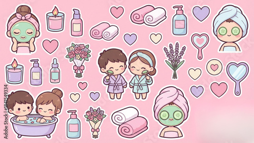 Adorable cartoon spa and self-care set with cute couples, beauty routines, face masks, bath products, and relaxing wellness activities