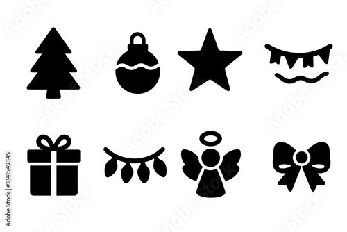 Christmas Icon Set. Christmas tree decorating at home. Filled icon set of Christmas tree decorating at home: