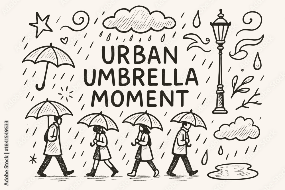 Obraz premium Urban Umbrella Doodle. Urban umbrella moment. Hand-drawn doodle illustration of Urban umbrella moment. Central