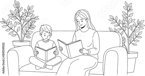Continuous one-line art drawing of a young woman relaxing comfortably in an armchair, reading a book or tablet with her feet propped up on a side table