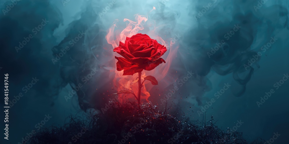 Fototapeta premium Red rose in bloom amid ashes and smoke, floral resilience and renewal