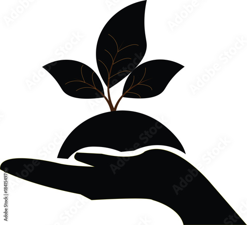 Hand holding a growing plant silhouette