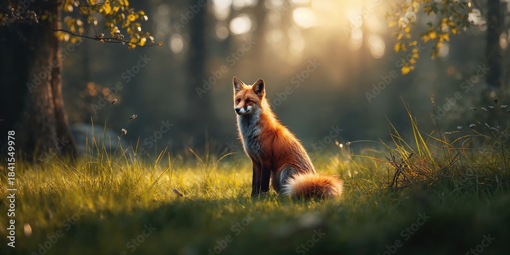 Fototapeta premium Fox in a forest setting captured vertically, highlighting wildlife scene and natural environment