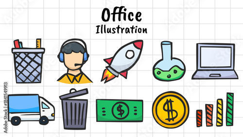 Hand-drawn doodle illustration set featuring various business and office elements including a trash bin, call center operator, financial icons, a delivery truck, laptop computer, pencil holder