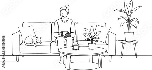 Minimalist line art illustration of a young woman relaxing comfortably on a living room sofa with her cat, enjoying a hot drink and houseplants