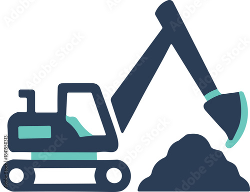 Excavator Icon, Heavy Construction Equipment Graphic, Teal Line Art, Earth-Moving Symbol, Infrastructure Work, Building Site, Digging Machine