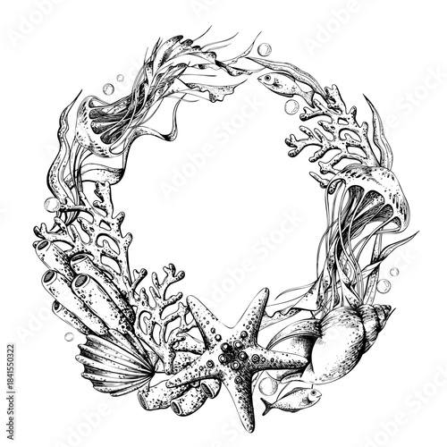 Underwater world round template frame wreath with coral, seaweed, fish, starfish, and jellyfish. Hand drawn line art illustration for textile, print, or invitation card. Outline graphic vector