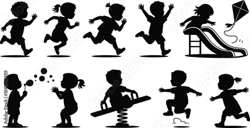 Silhouette children playing outdoors, kids running jumping sliding blowing bubbles flying kite and playing on playground equipment in active preschool outdoor activity scene