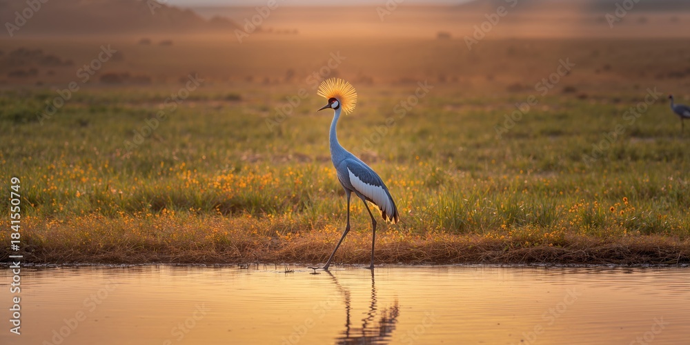 Obraz premium African Crowned Crane perched on grass, avian elegance and natural habitat, wildlife awareness day
